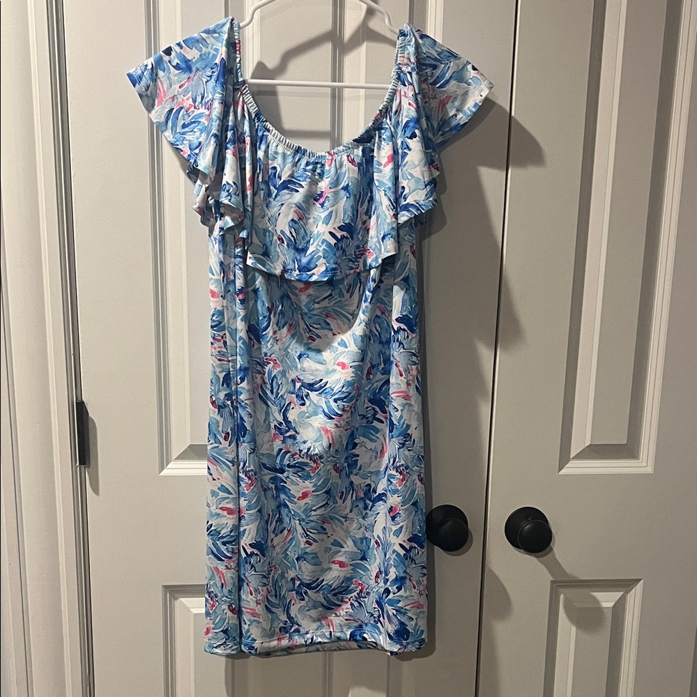 Stella Parker Collection- Off Shoulder Floral Dress in Blue, Pink and White